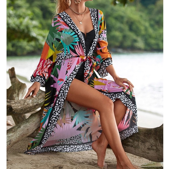 Colorful Tropical Print Duster Beach Cover up Kimono - Picture 4 of 8
